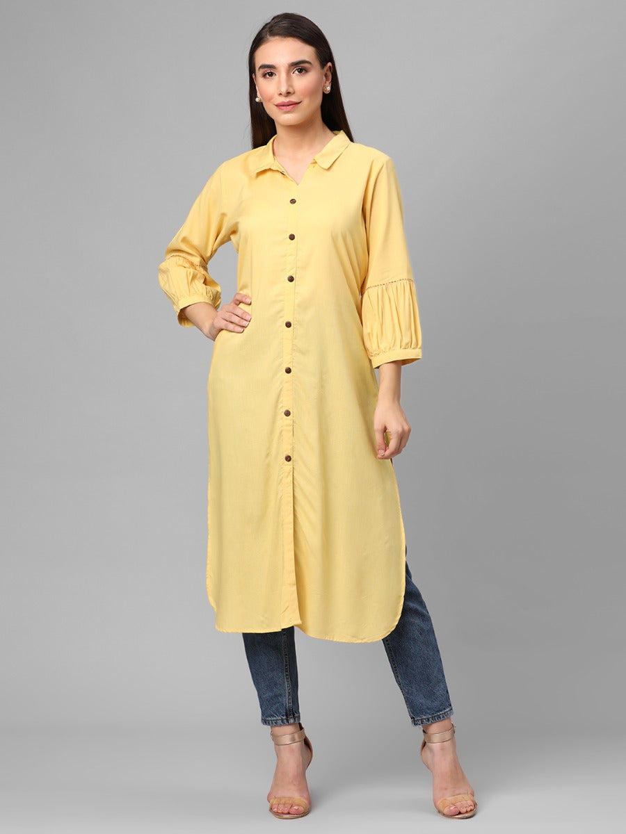 Sunshine Yellow Colour Cotton Kurti With Beautiful Aari Embroidery